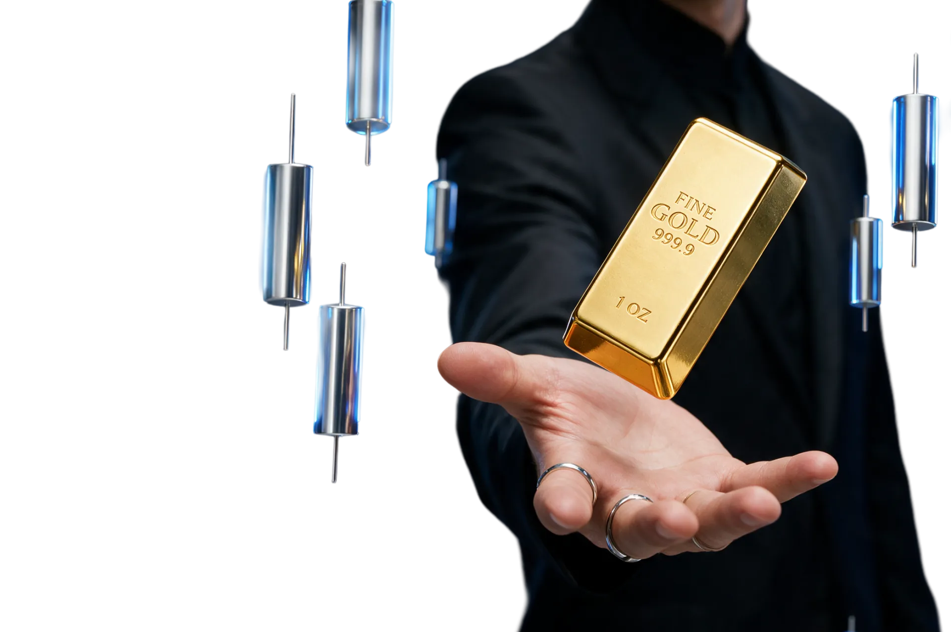 Trader holding a floating gold bar among candlestick charts